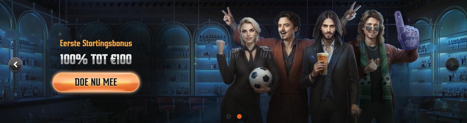 Dutch casino homepage banner featuring stylish players and a first deposit bonus of 100% up to €100 with a “Doe nu mee” button.