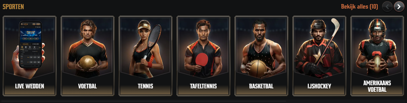 Sports categories section in Dutch featuring options like live betting, football, tennis, table tennis, basketball, ice hockey, and American football.