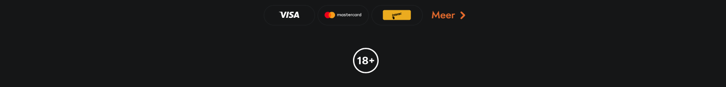 Casino footer with Visa, Mastercard, and Jeton payment options, a Dutch “Meer” link, and an 18+ age restriction badge on a dark background.
